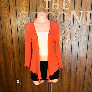 Open Front Cardigan Women M Orange Ruffle Trim Lightweight Knit Boho Cottagecore